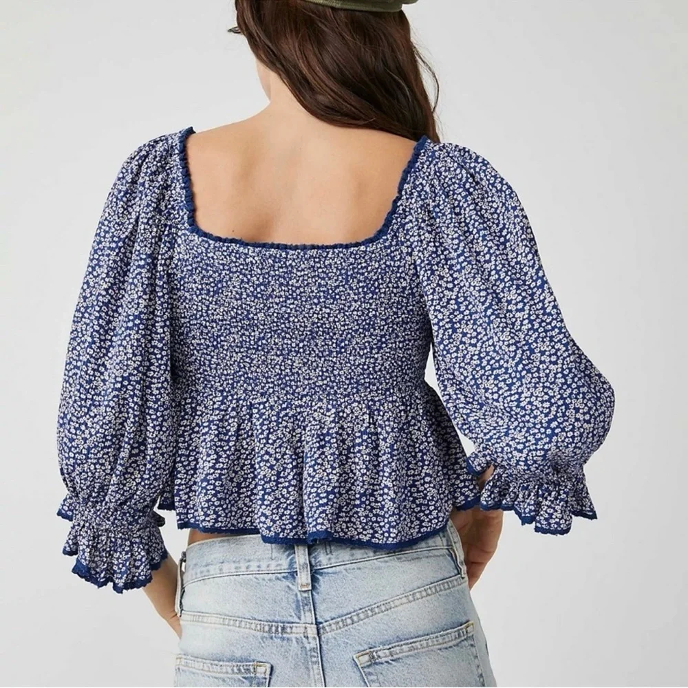 Free People Brittnee Printed Top Blue Floral